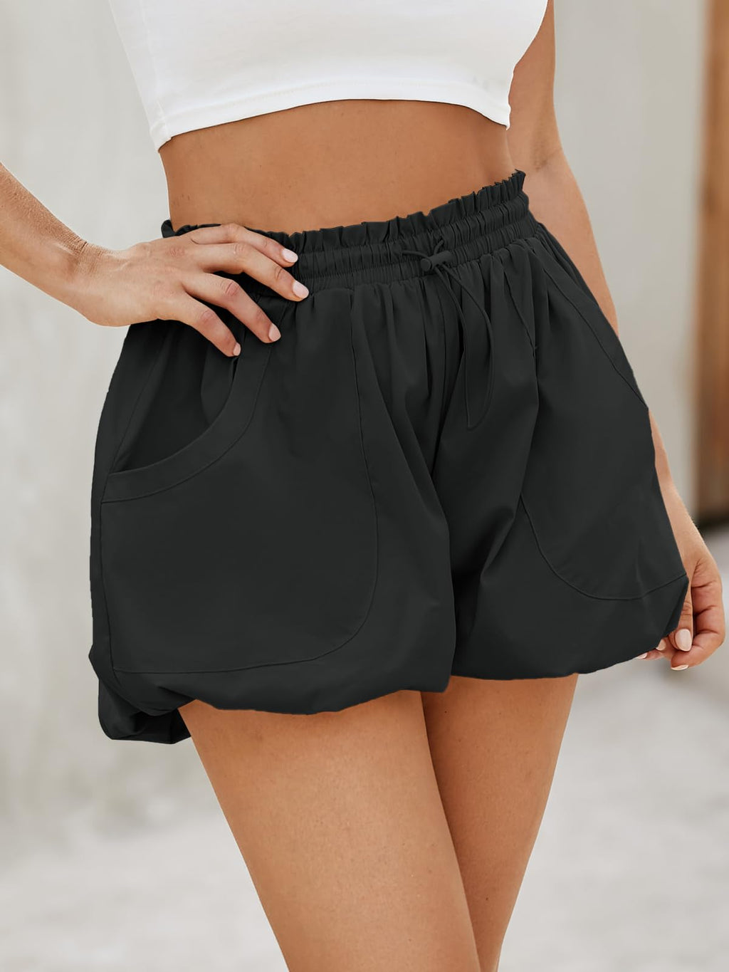 Fisoew Women's High-Waisted Bubble Shorts with Pockets