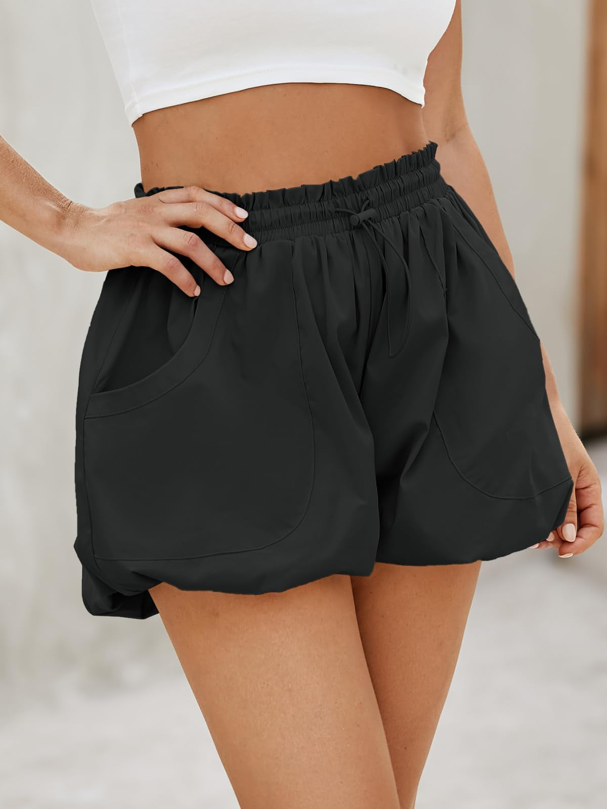 Fisoew Women's High-Waisted Bubble Shorts with Pockets