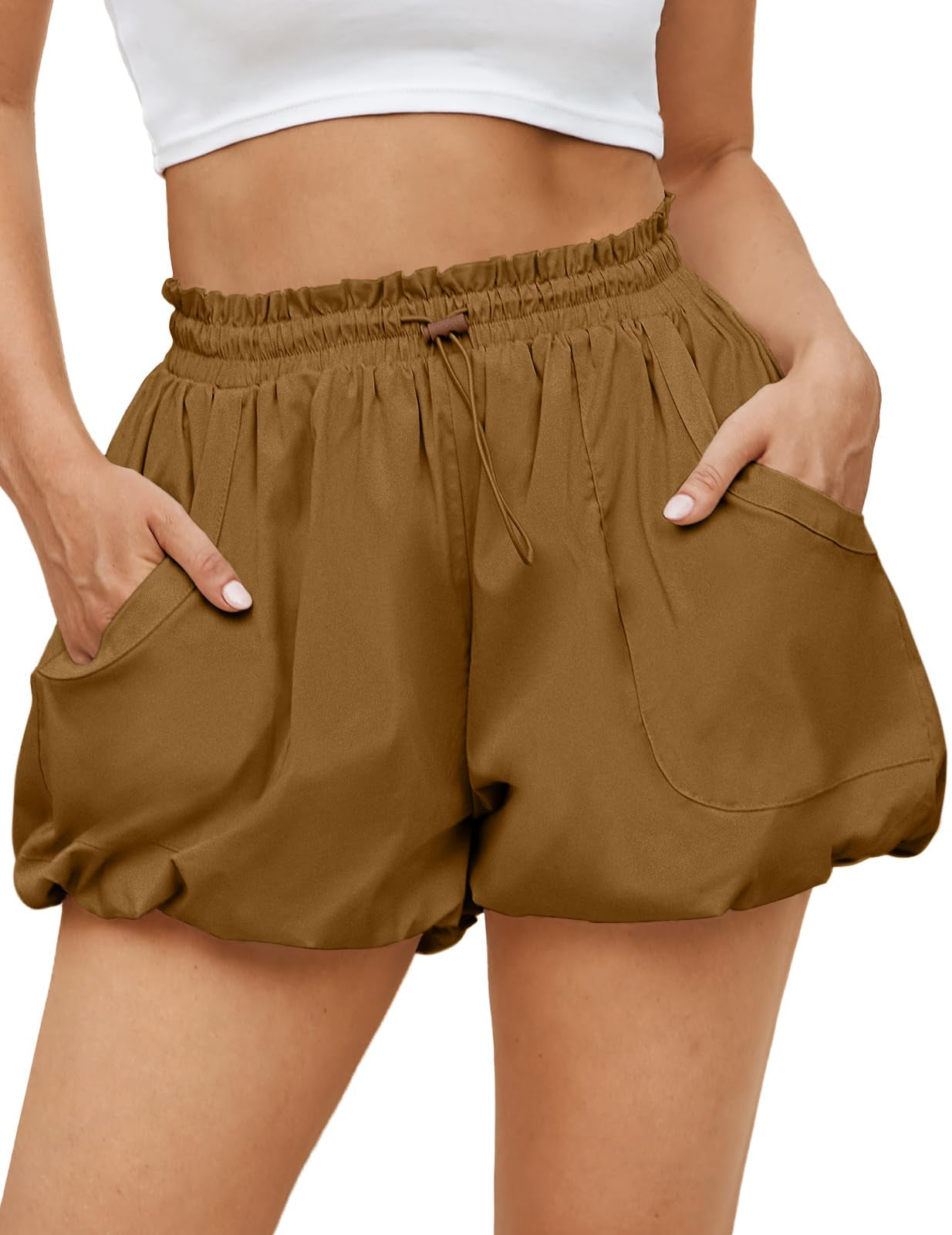 Fisoew Women's High-Waisted Bubble Shorts with Pockets