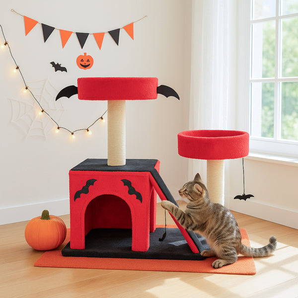 Gothic Halloween Cat Tree with Spider Toy & Condo