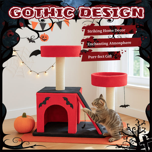 Gothic Halloween Cat Tree with Spider Toy & Condo