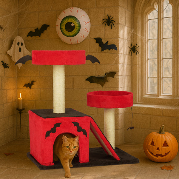 Gothic Halloween Cat Tree with Spider Toy & Condo