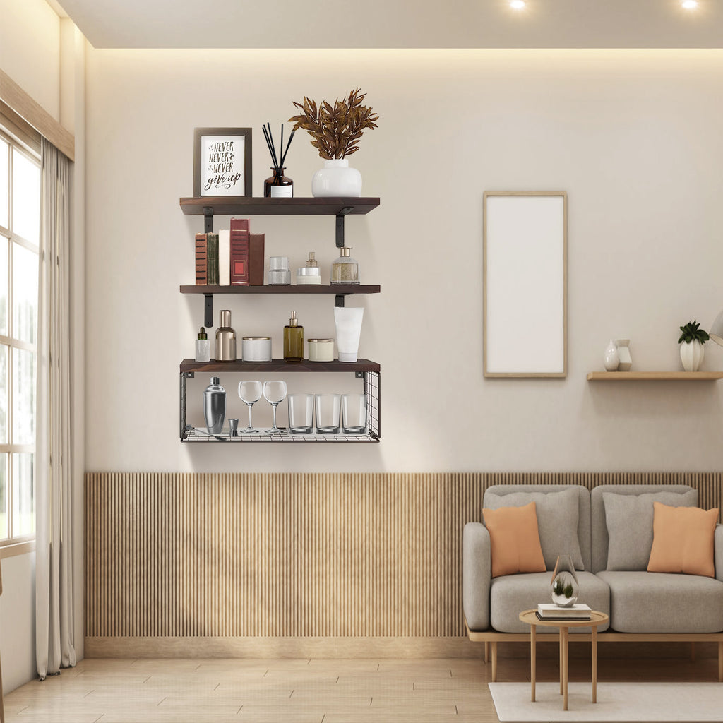 2-in-1 Floating Shelves with Wire Basket
