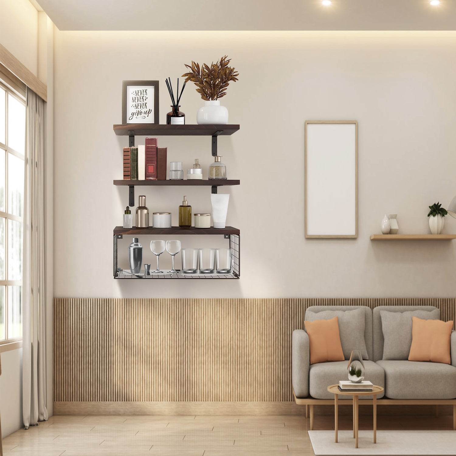 2-in-1 Floating Shelves with Wire Basket