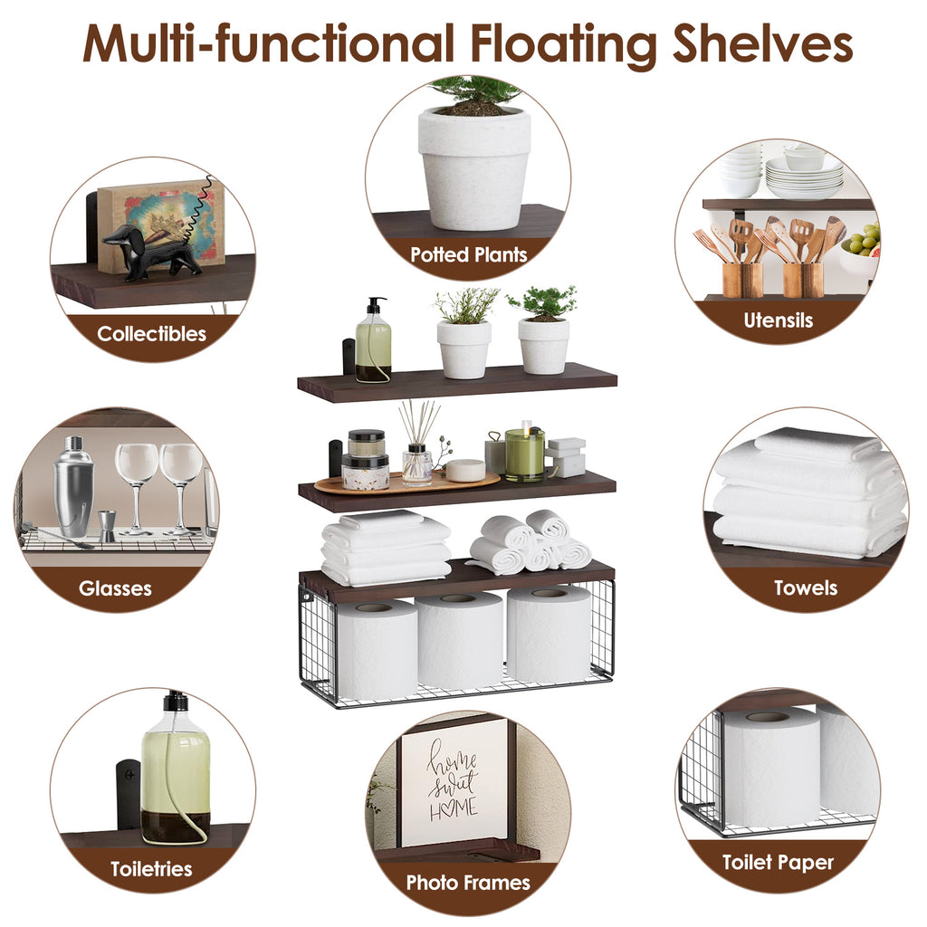 2-in-1 Floating Shelves with Wire Basket