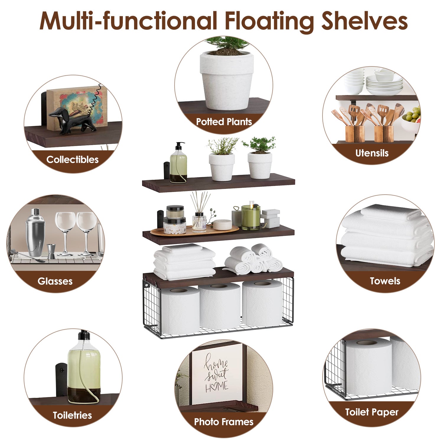 2-in-1 Floating Shelves with Wire Basket