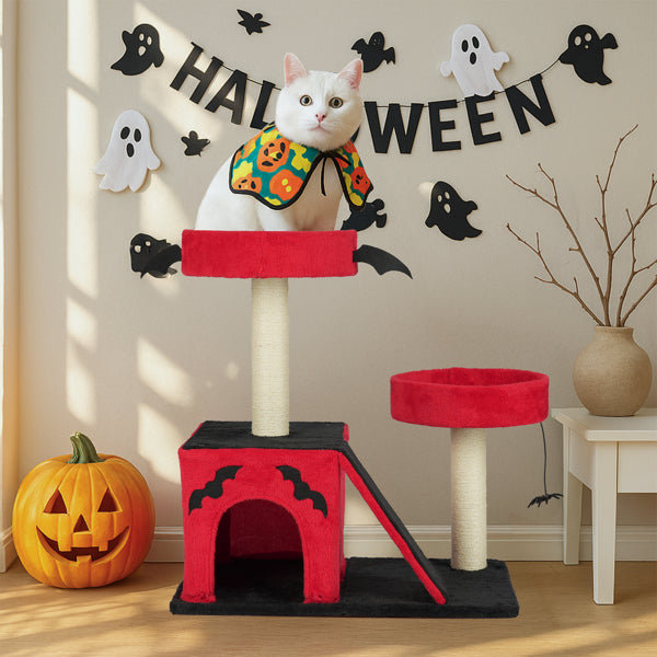 Gothic Halloween Cat Tree with Spider Toy & Condo