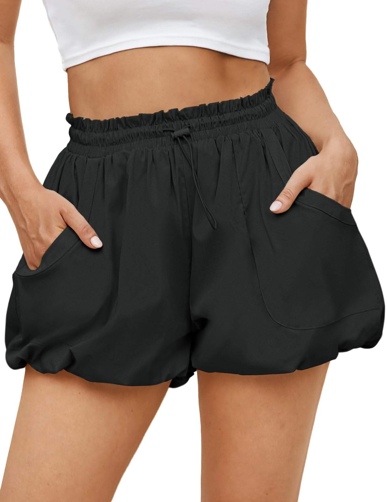 Fisoew Women's High-Waisted Bubble Shorts with Pockets