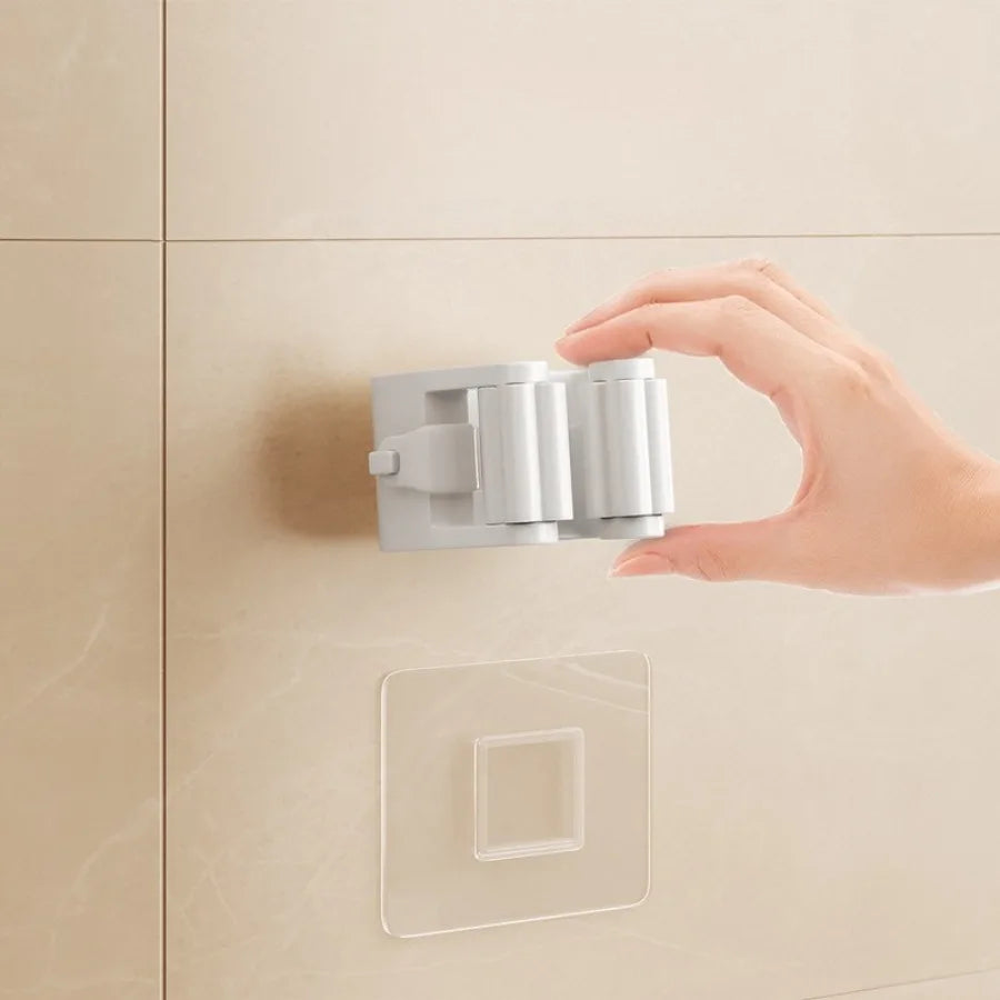 4 Piece White Non Perforated Mop Holder, Self-adhesive Installation, Suitable for Kitchen and Bathroom - Can Fix Brooms, Mops