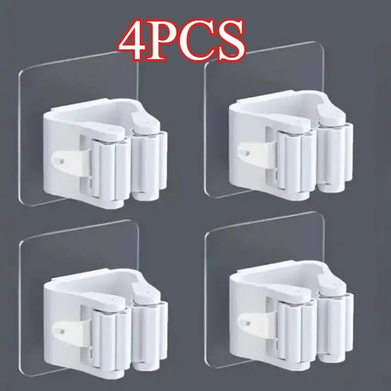 4 Piece White Non Perforated Mop Holder, Self-adhesive Installation, Suitable for Kitchen and Bathroom - Can Fix Brooms, Mops