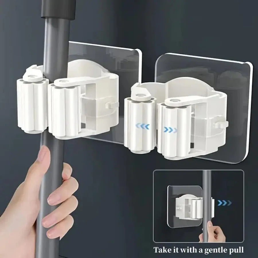 4 Piece White Non Perforated Mop Holder, Self-adhesive Installation, Suitable for Kitchen and Bathroom - Can Fix Brooms, Mops