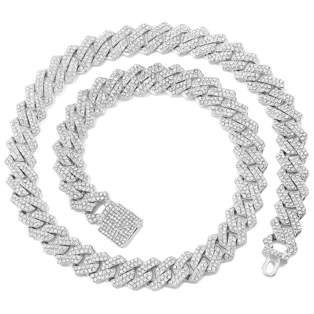 20-Inch Double-Drain Cuban Chain Unisex Ice-Frozen Edition Sparkling Diamond-Shaped Hip-Hop Style Cuban Necklace Jewelry