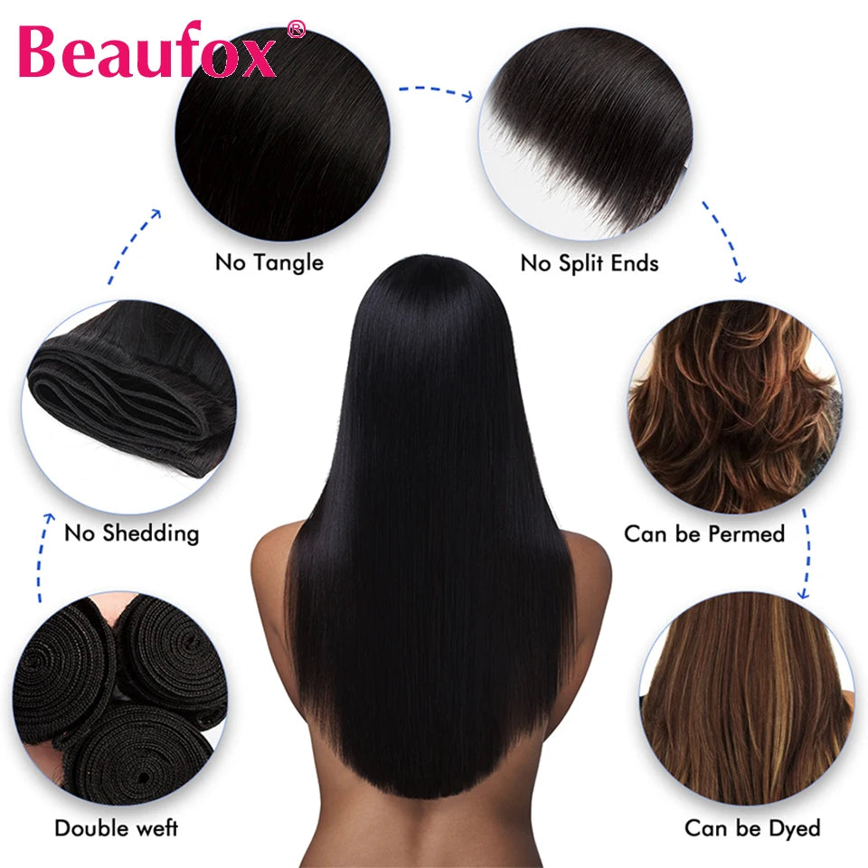 Beaufox Peruvian Hair Bundles Straight Human Hair Weave Bundles Remy Hair Extension Natural Black 1/3/4 Pcs 8-30 Inches