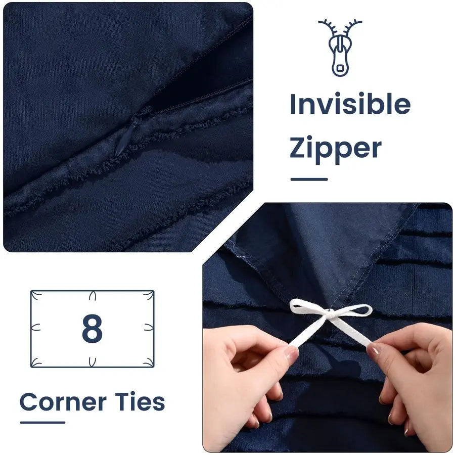 Duvet Cover King Size, Navy 3 Pieces Boho Tufted Duvet Cover Set, Soft and Lightweight Microfiber Comforter Cover Set for All Se