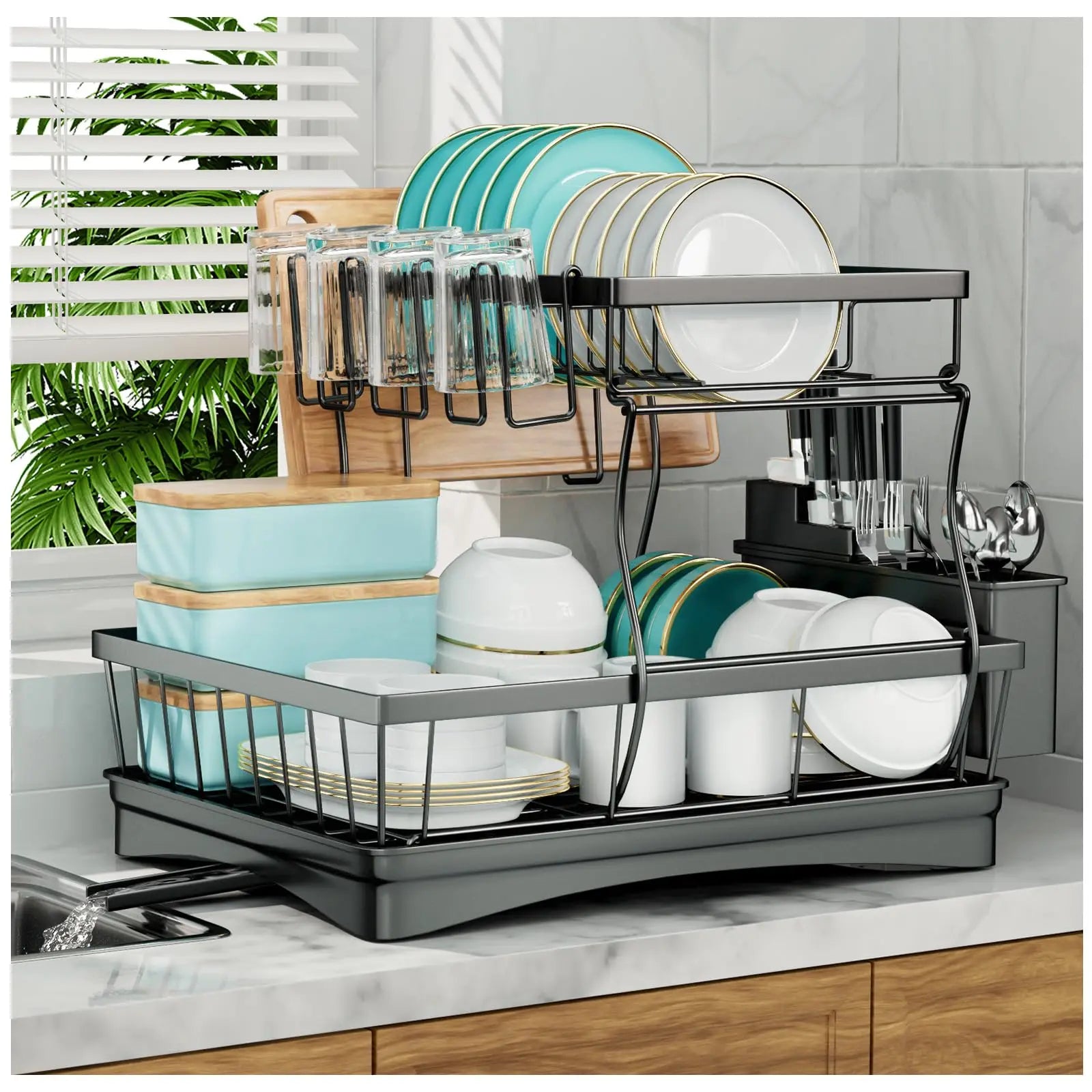 Large 2-tier dish drying rack for kitchen countertops