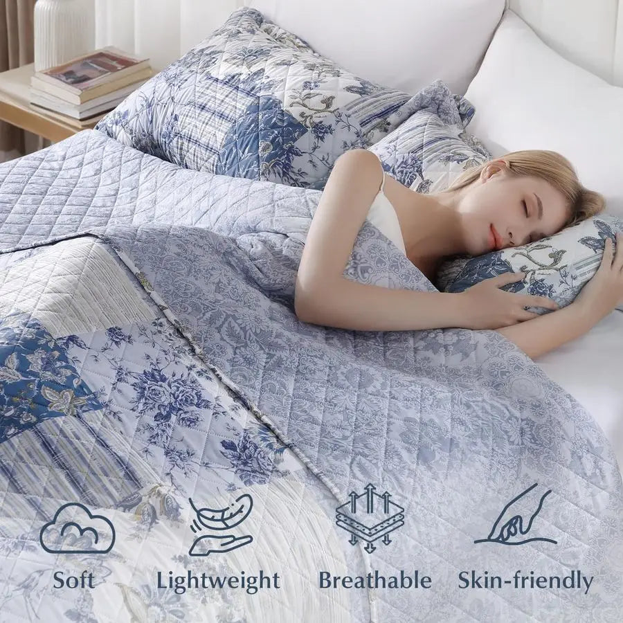 XL Queen Quilt Set 90x96 Inches, Blue Floral Boho Bedspread Farmhouse