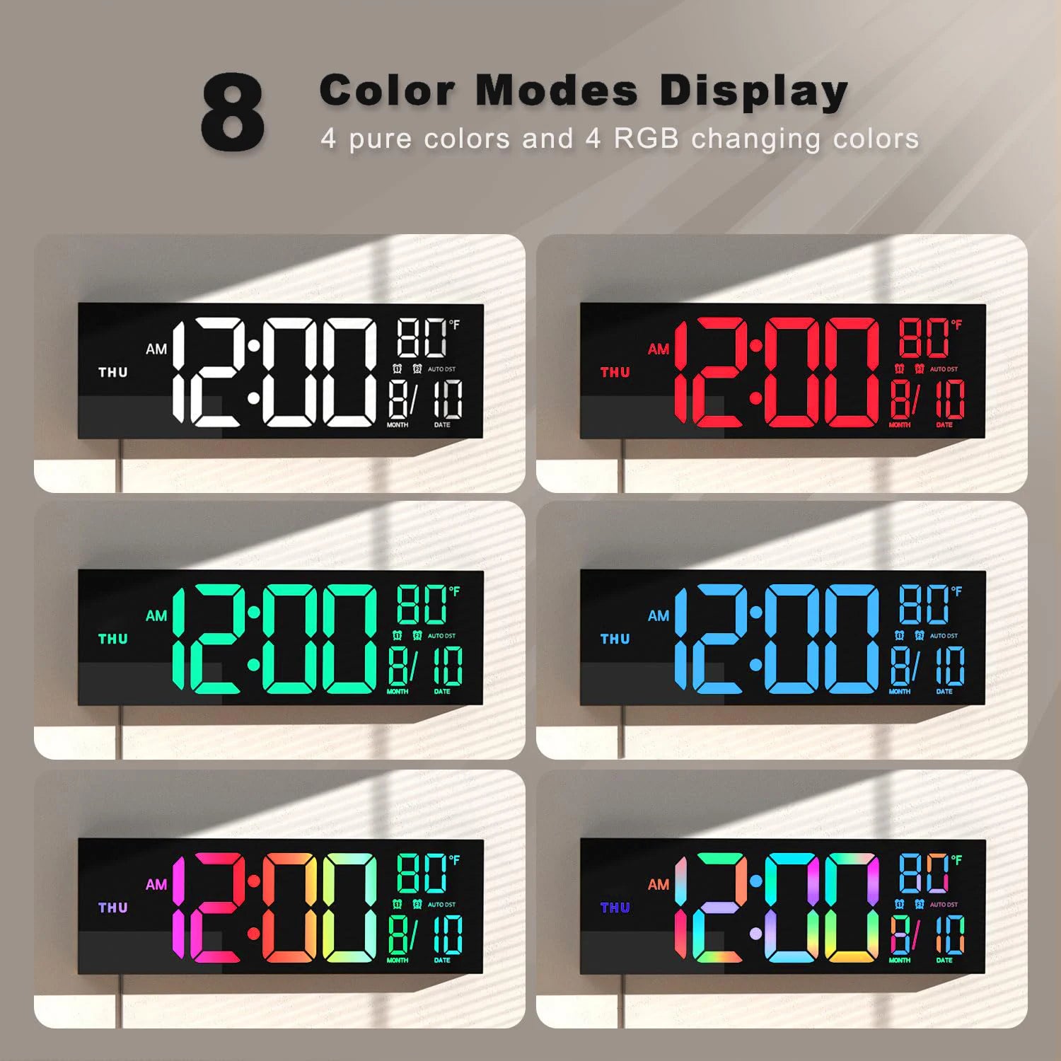 16" Large Digital Wall Clock, Big LED Display with Remote, 8 RGB Color,