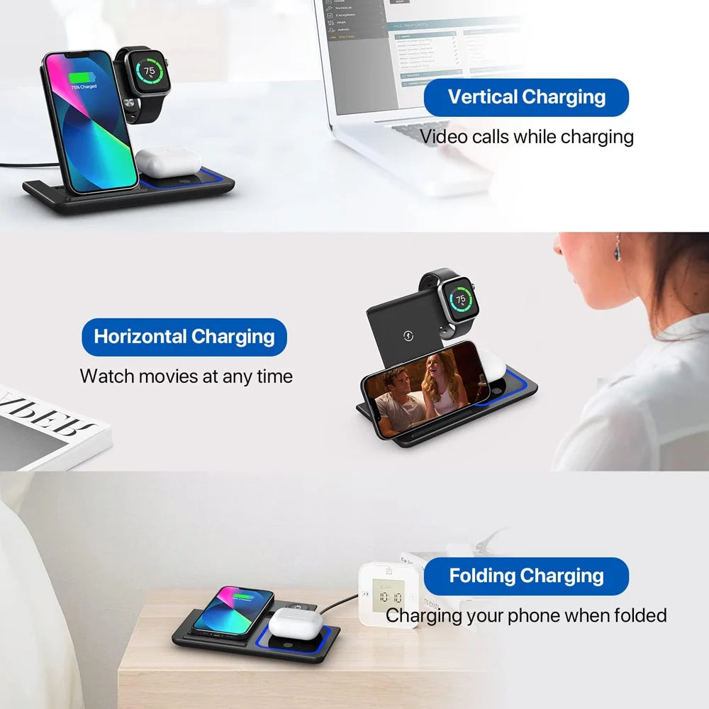 15W fast charging 3-in-1 foldable wireless charger bracket