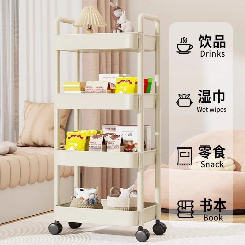Trolley with Handlebar and Storage Rack, Floor-Standing,  Storage for Kitchen, Bathroom, Snacks, and Toiletries