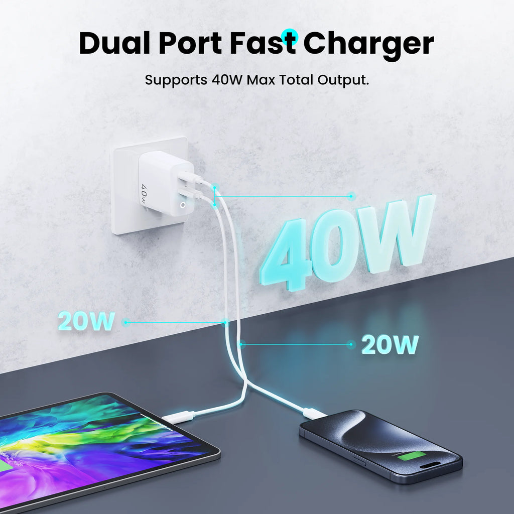 40W 2 Ports USB-C Type-C GaN Fast Charger with Charging Light, Fast Charging Block with 3.3Ft Type-C Charging Cable For IPhone