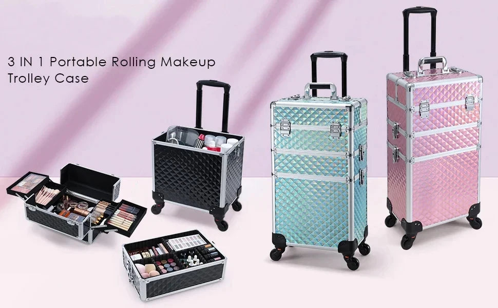 Rolling Makeup Case 3 In 1 Removable
 Make Up Case Cosmetology Case On Wheels 
Large Capacity Lockable Makeup Trolley For Salon