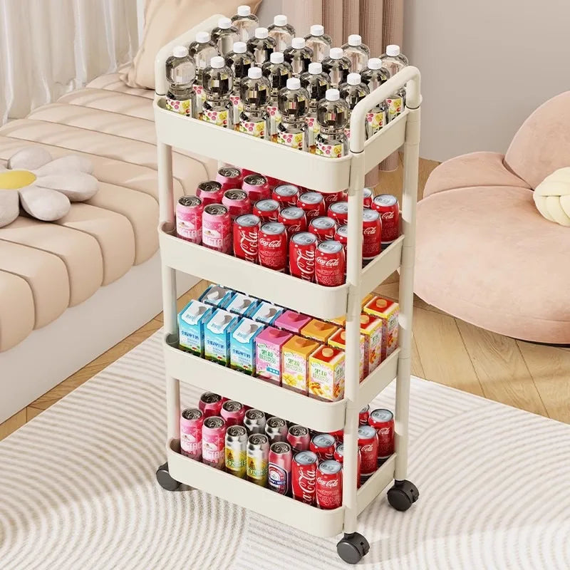Trolley with Handlebar and Storage Rack, Floor-Standing,  Storage for Kitchen, Bathroom, Snacks, and Toiletries