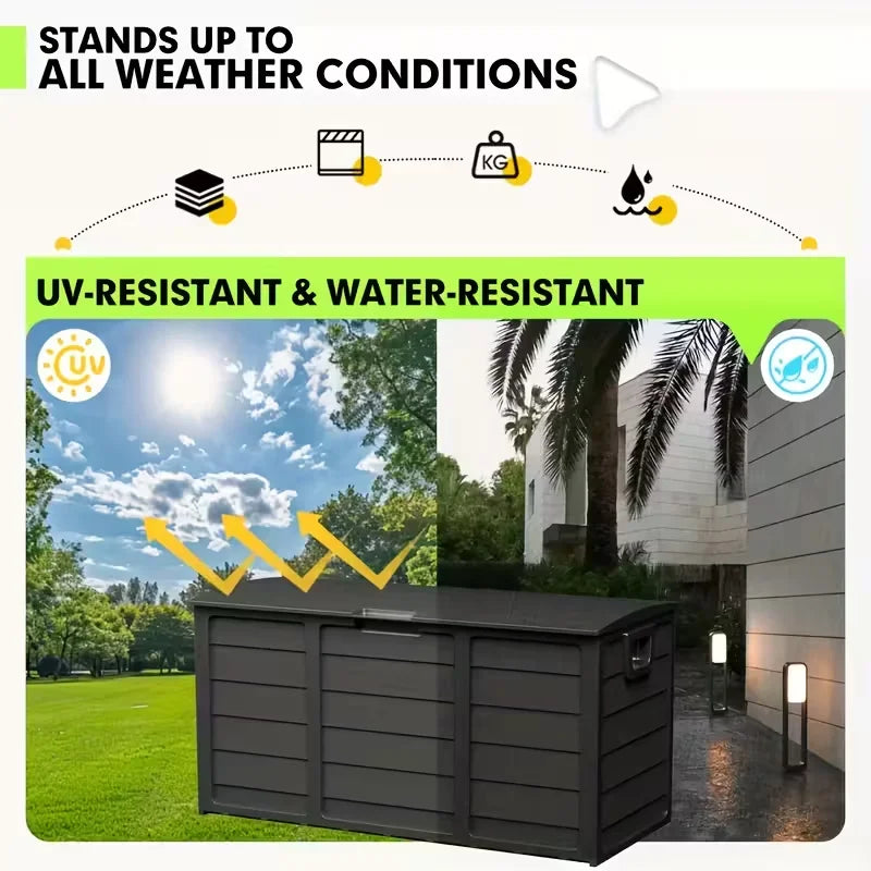 75 Gallon Large Outdoor Deck Box with Lockable Lid & Heavy-Duty Hinged Door - White/Green Heavy-Duty Plastic Storage Container,