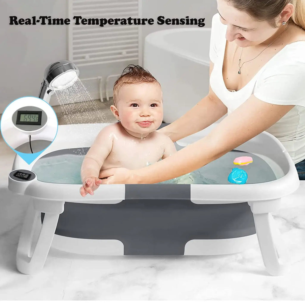 Baby Bath Tub with Bath Cushion Foldable Bathtub with Thermometer Shower Cap Shower and Toddler 0-36 Months