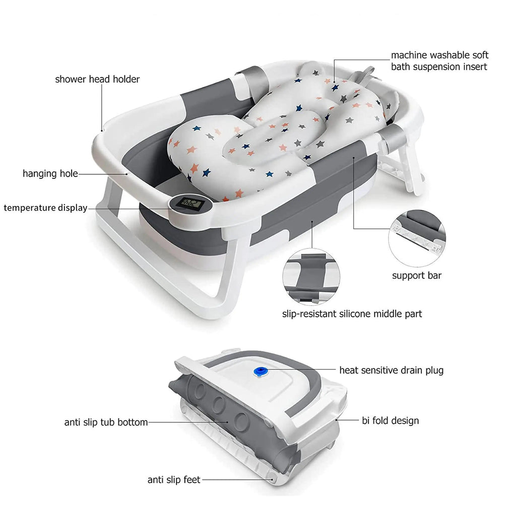 Baby Bath Tub with Bath Cushion Foldable Bathtub with Thermometer Shower Cap Shower and Toddler 0-36 Months