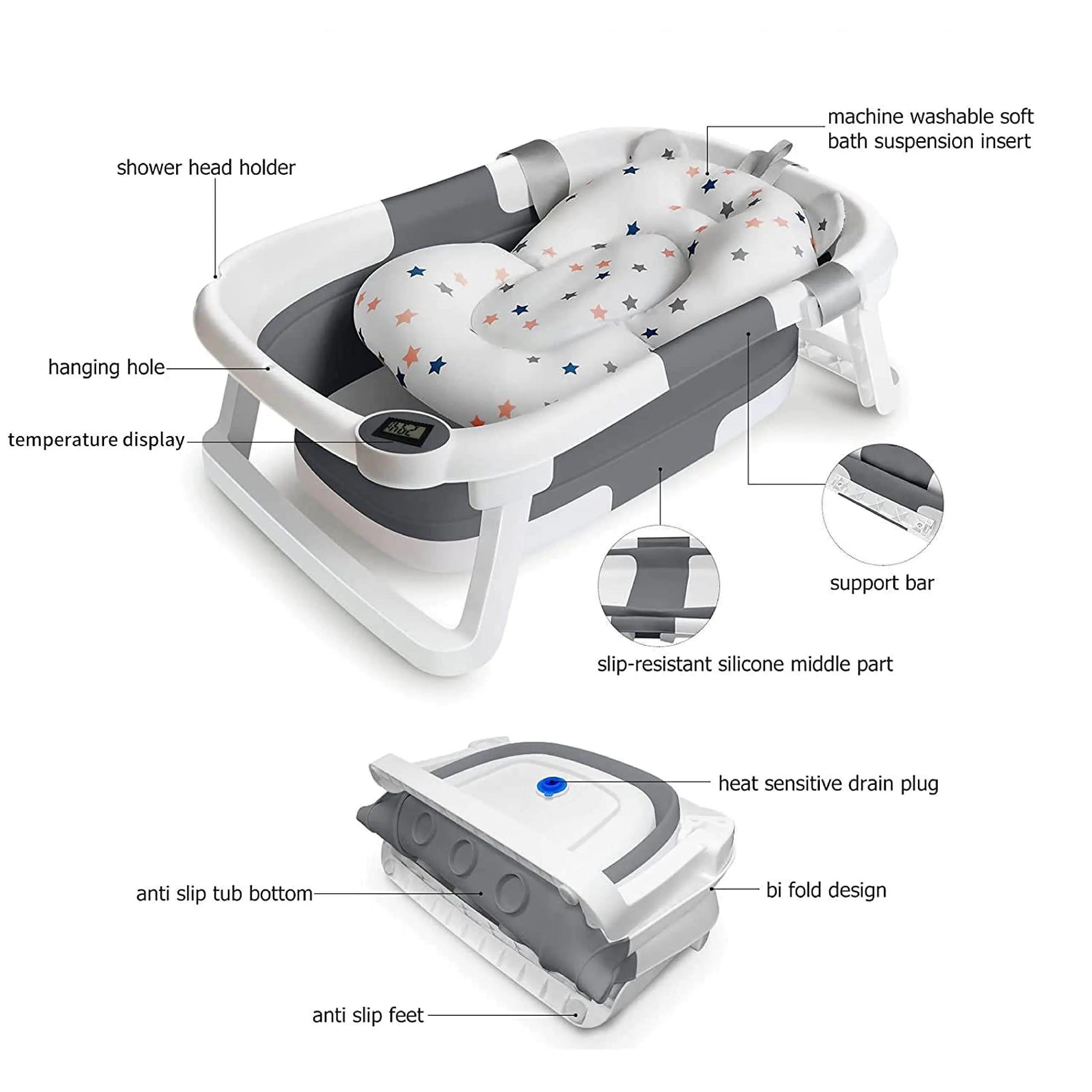 Baby Bath Tub with Bath Cushion Foldable Bathtub with Thermometer Shower Cap Shower and Toddler 0-36 Months
