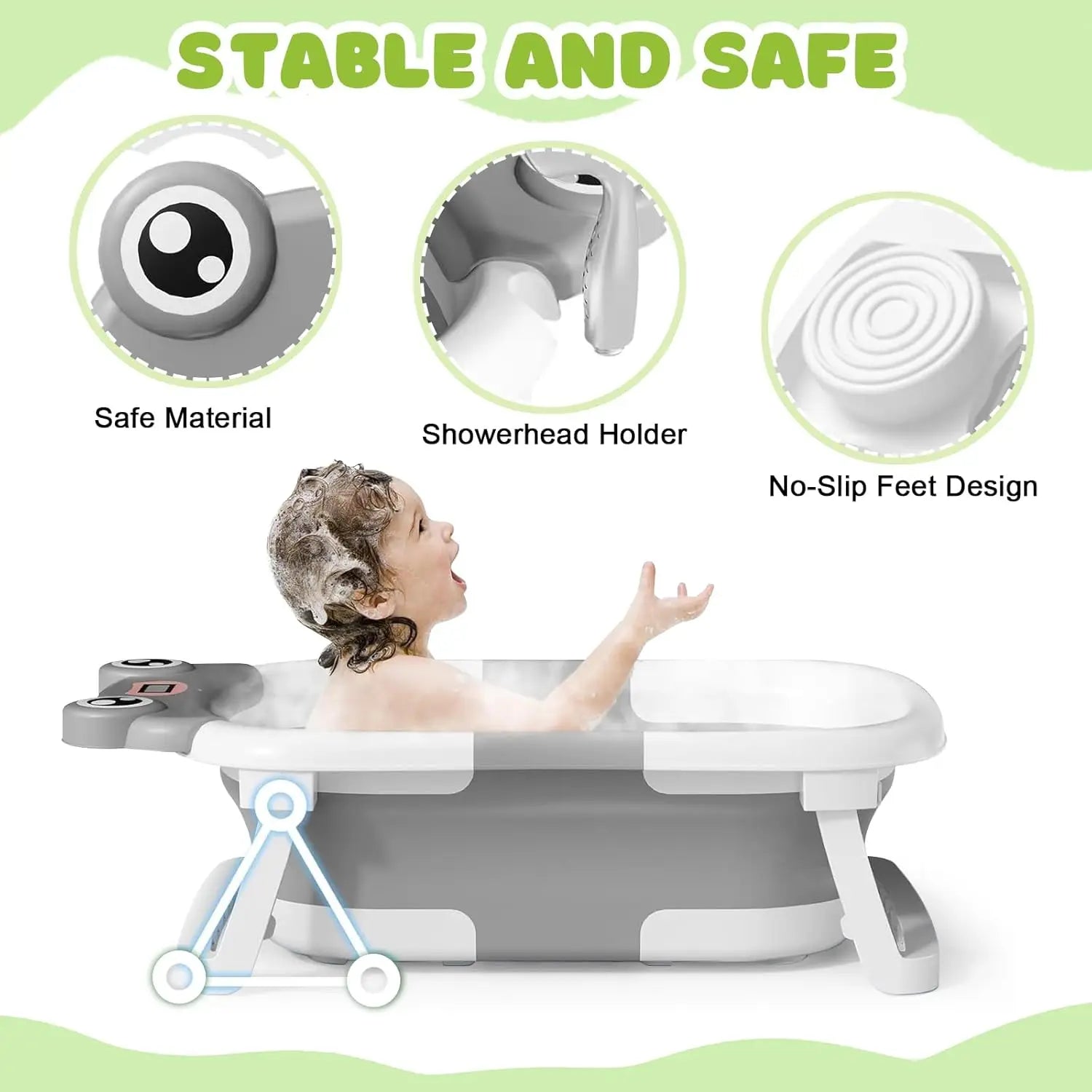 Baby Bath Tub with Bath Cushion Foldable Bathtub with Thermometer Shower Cap Shower and Toddler 0-36 Months