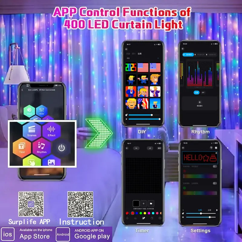 400 LED Smart Curtain Lights String Lights with App Remote Control