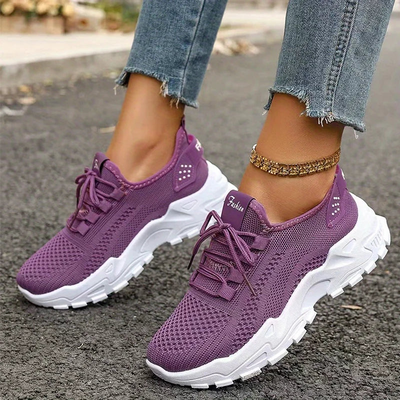 Fashion Knitted Sneakers for Women Mesh Breathable Lace-up Casual Sports Shoes Women's Casual Shoes