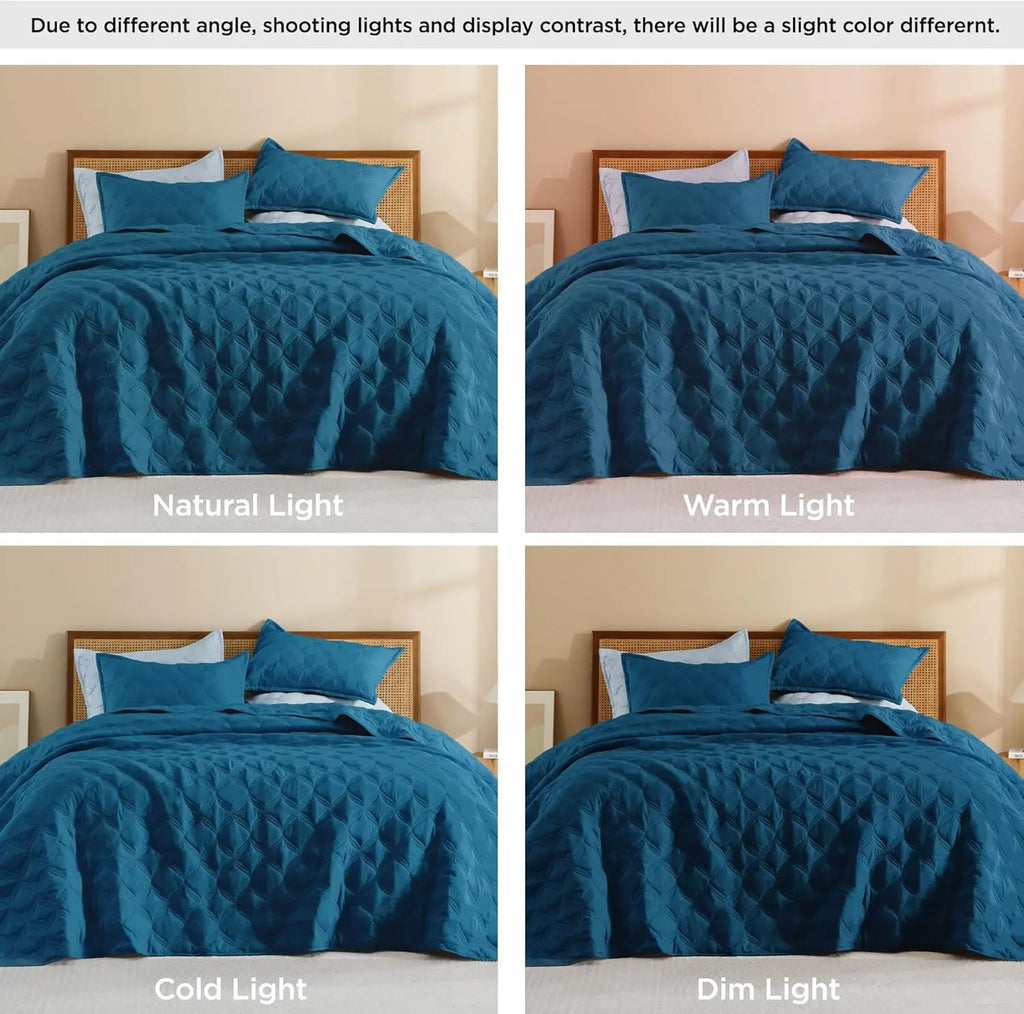King Size Teal Quilt Set - Lightweight Comforter with Diamond Stitch, 3 Pieces for All Seasons