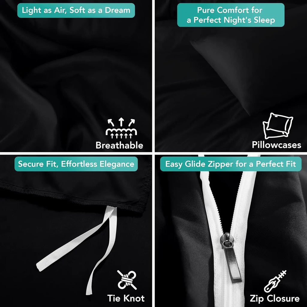 Queen Size Duvet Cover Set with Pillowcases - 3 Piece Soft Brushed Microfiber Bedding, Zipper Closure (Black)