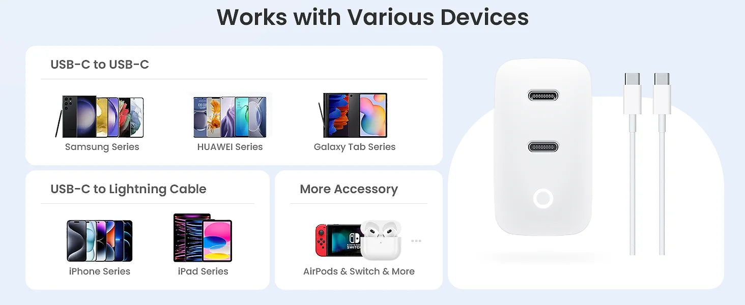 40W 2 Ports USB-C Type-C GaN Fast Charger with Charging Light, Fast Charging Block with 3.3Ft Type-C Charging Cable For IPhone