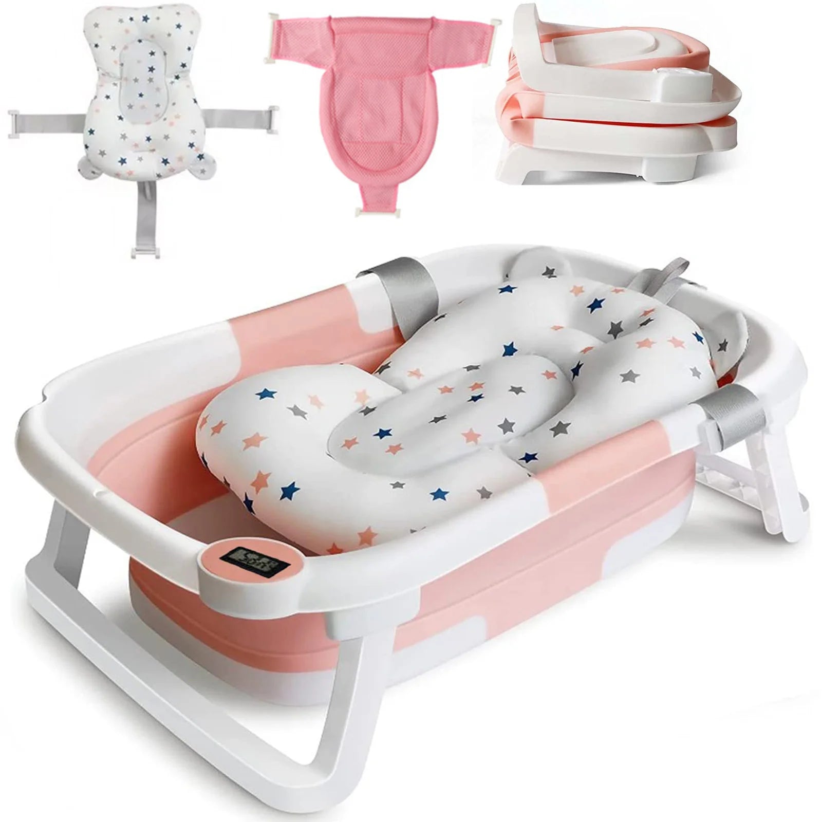 Baby Bath Tub with Bath Cushion Foldable Bathtub with Thermometer Shower Cap Shower and Toddler 0-36 Months