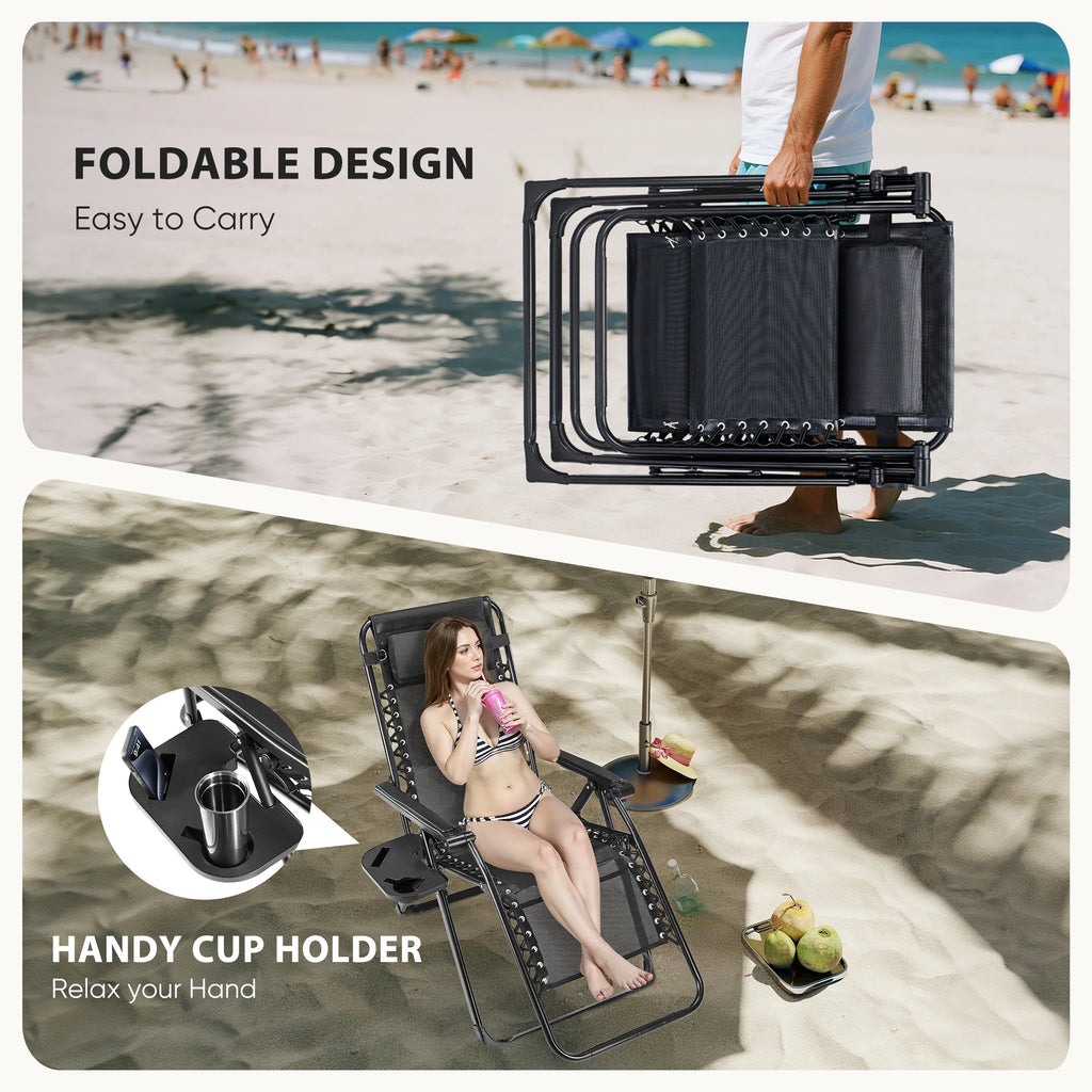 JHK Zero Gravity Set of 2 Portable Recliner Camping Patio Outdoor Garden Lounge Chair with Cup Holder Trays Adjustable Pillow