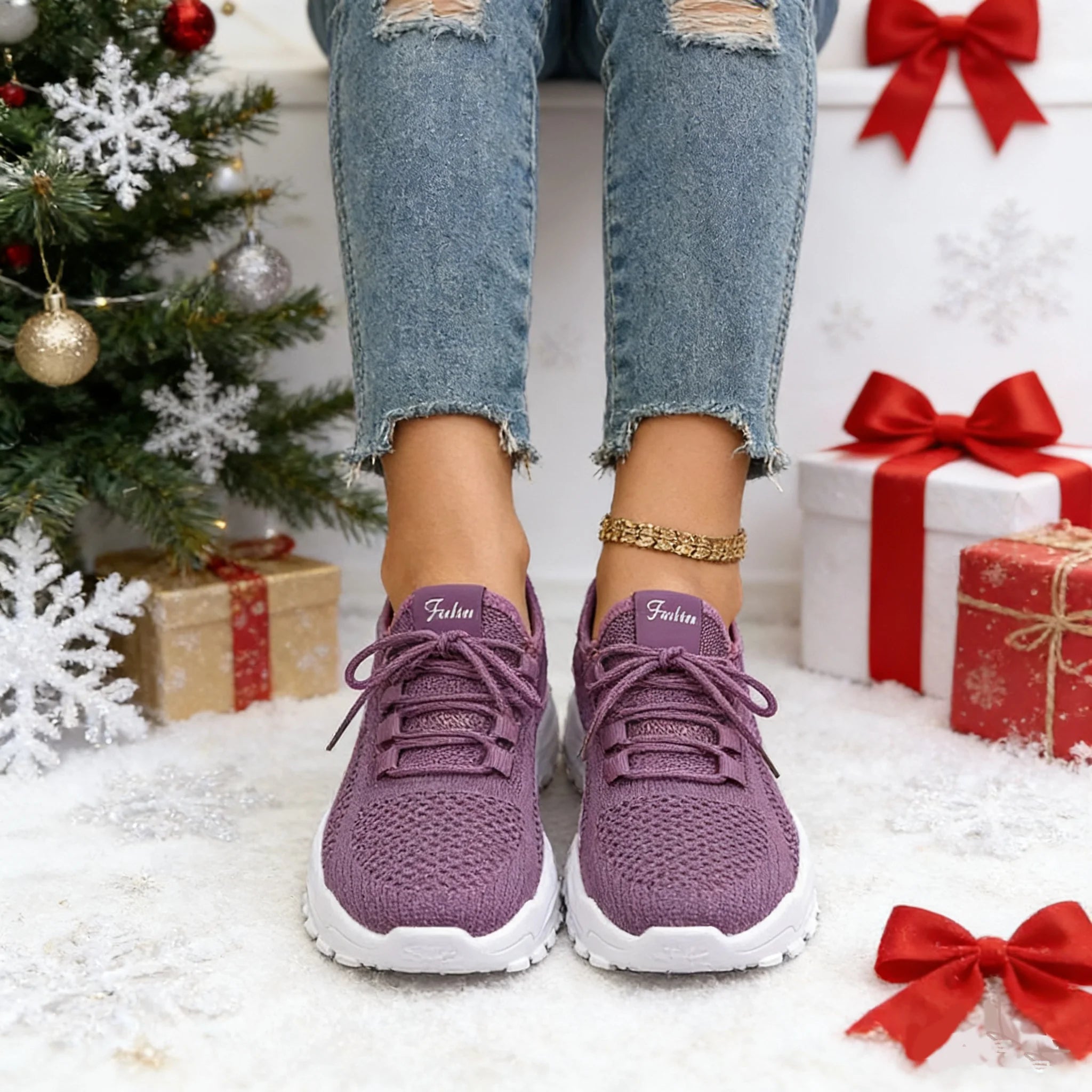 Fashion Knitted Sneakers for Women Mesh Breathable Lace-up Casual Sports Shoes Women's Casual Shoes