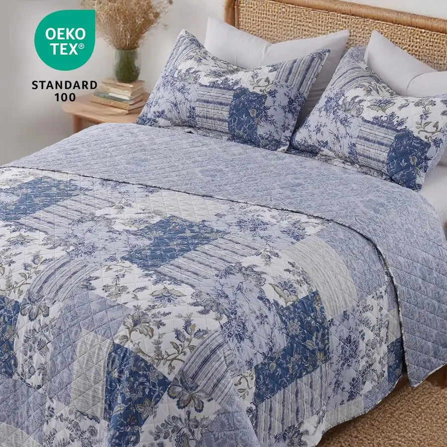 XL Queen Quilt Set 90x96 Inches, Blue Floral Boho Bedspread Farmhouse