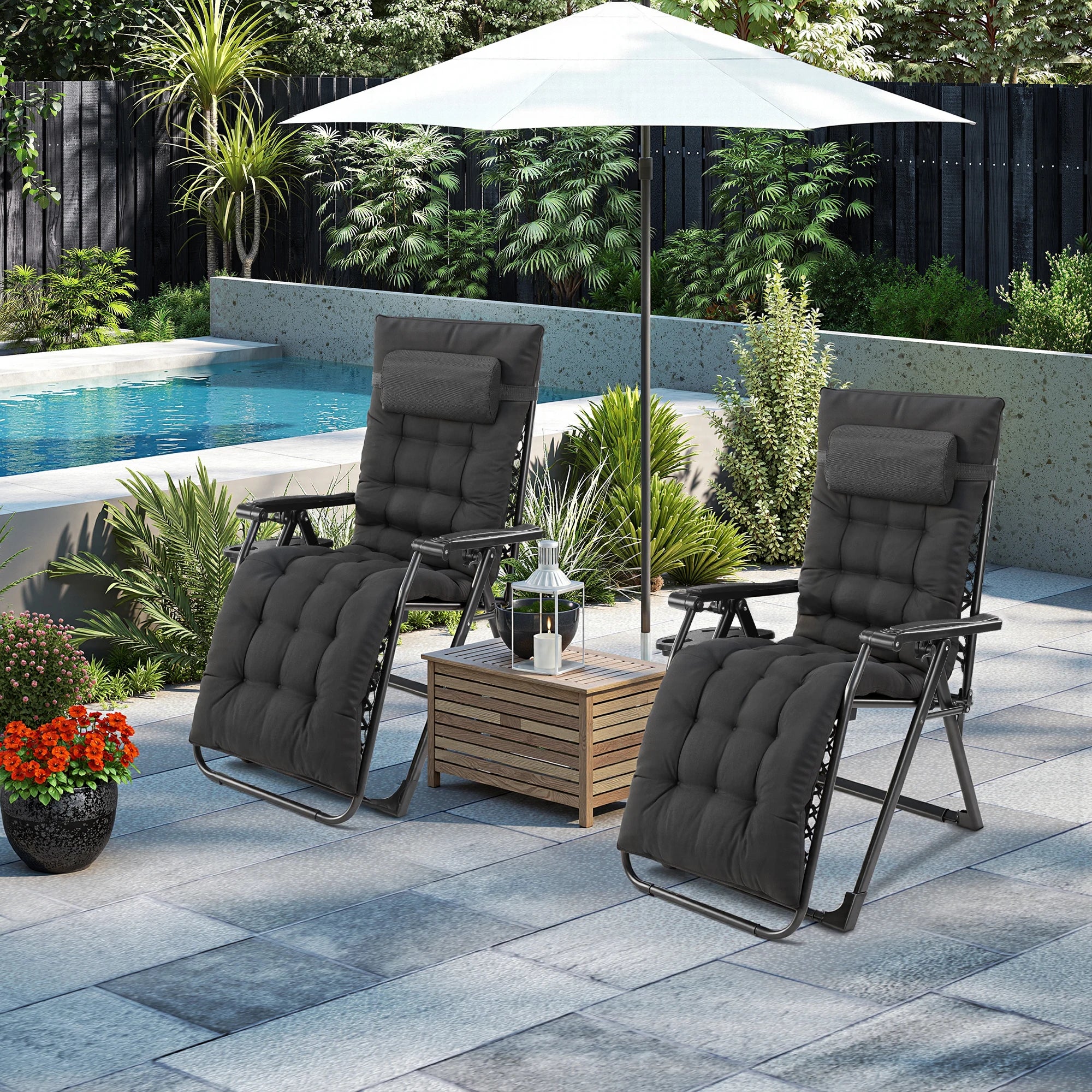 JHK Zero Gravity Set of 2 Portable Recliner Camping Patio Outdoor Garden Lounge Chair with Cup Holder Trays Adjustable Pillow