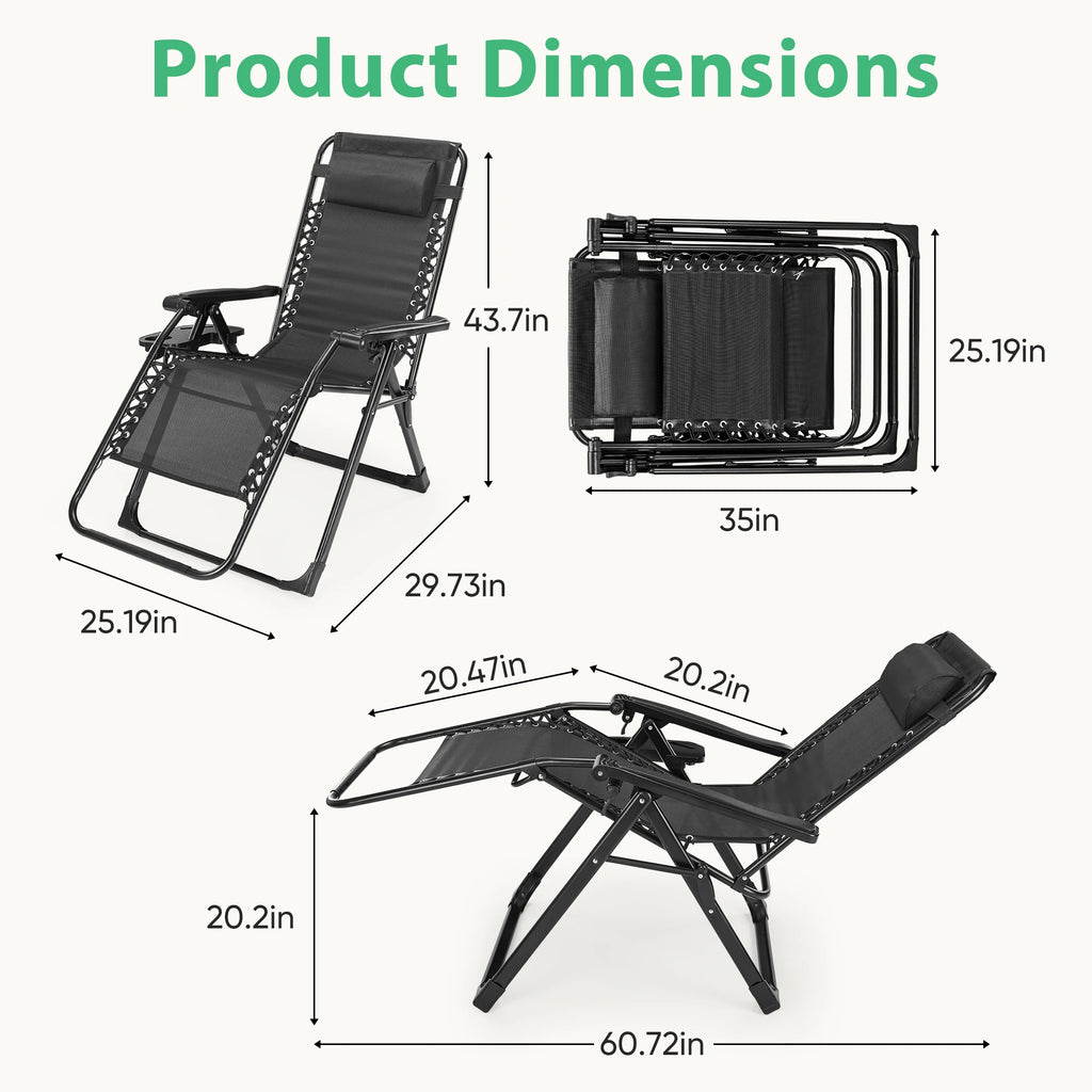 JHK Zero Gravity Set of 2 Portable Recliner Camping Patio Outdoor Garden Lounge Chair with Cup Holder Trays Adjustable Pillow