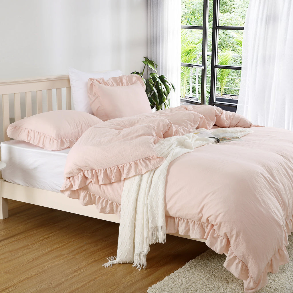 104"x90" Lotus Leaf Edge Bedding Duvet Cover Set Large Double Bed Bedroom Soft Washed