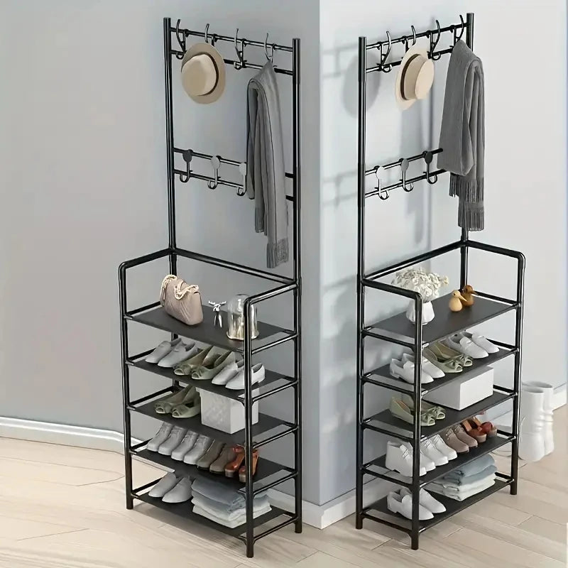 A clothes hanger and shoe rack at the entrance, used for storing shoes, clothes, jackets, hats, bags, umbrellas in the hallway
