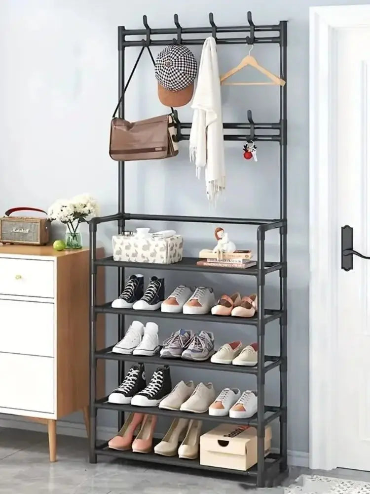 A clothes hanger and shoe rack at the entrance, used for storing shoes, clothes, jackets, hats, bags, umbrellas in the hallway