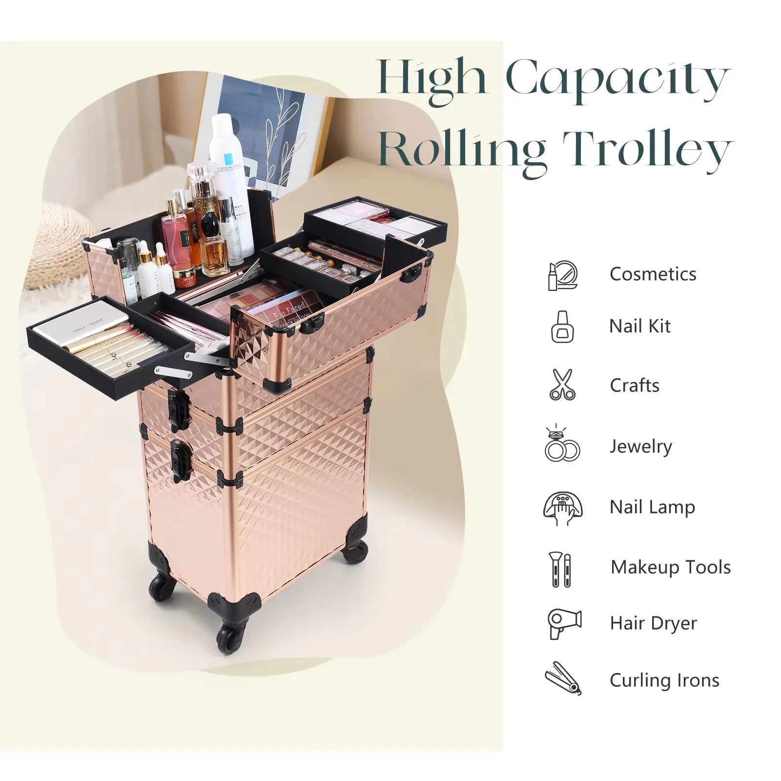 Rolling Makeup Case 3 In 1 Removable
 Make Up Case Cosmetology Case On Wheels 
Large Capacity Lockable Makeup Trolley For Salon