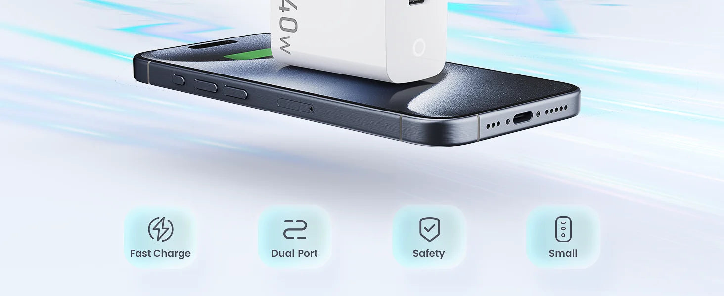 40W 2 Ports USB-C Type-C GaN Fast Charger with Charging Light, Fast Charging Block with 3.3Ft Type-C Charging Cable For IPhone