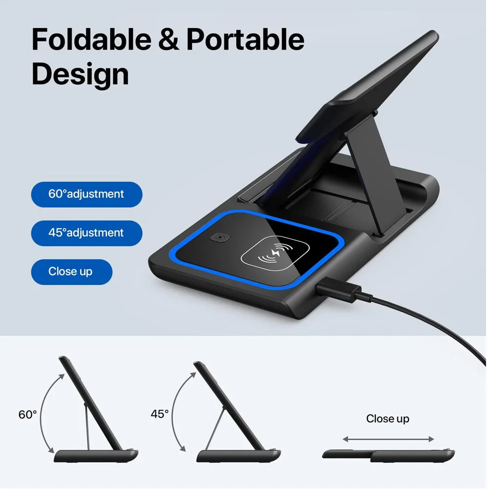 15W fast charging 3-in-1 foldable wireless charger bracket