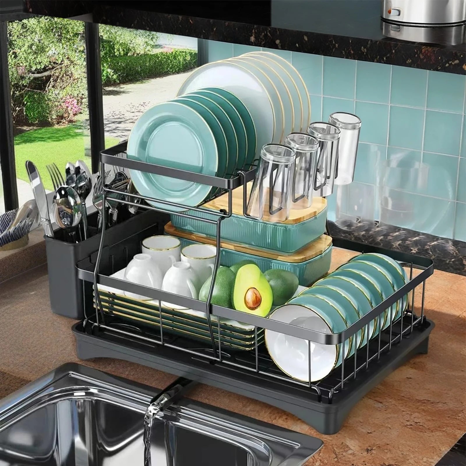 Large 2-tier dish drying rack for kitchen countertops