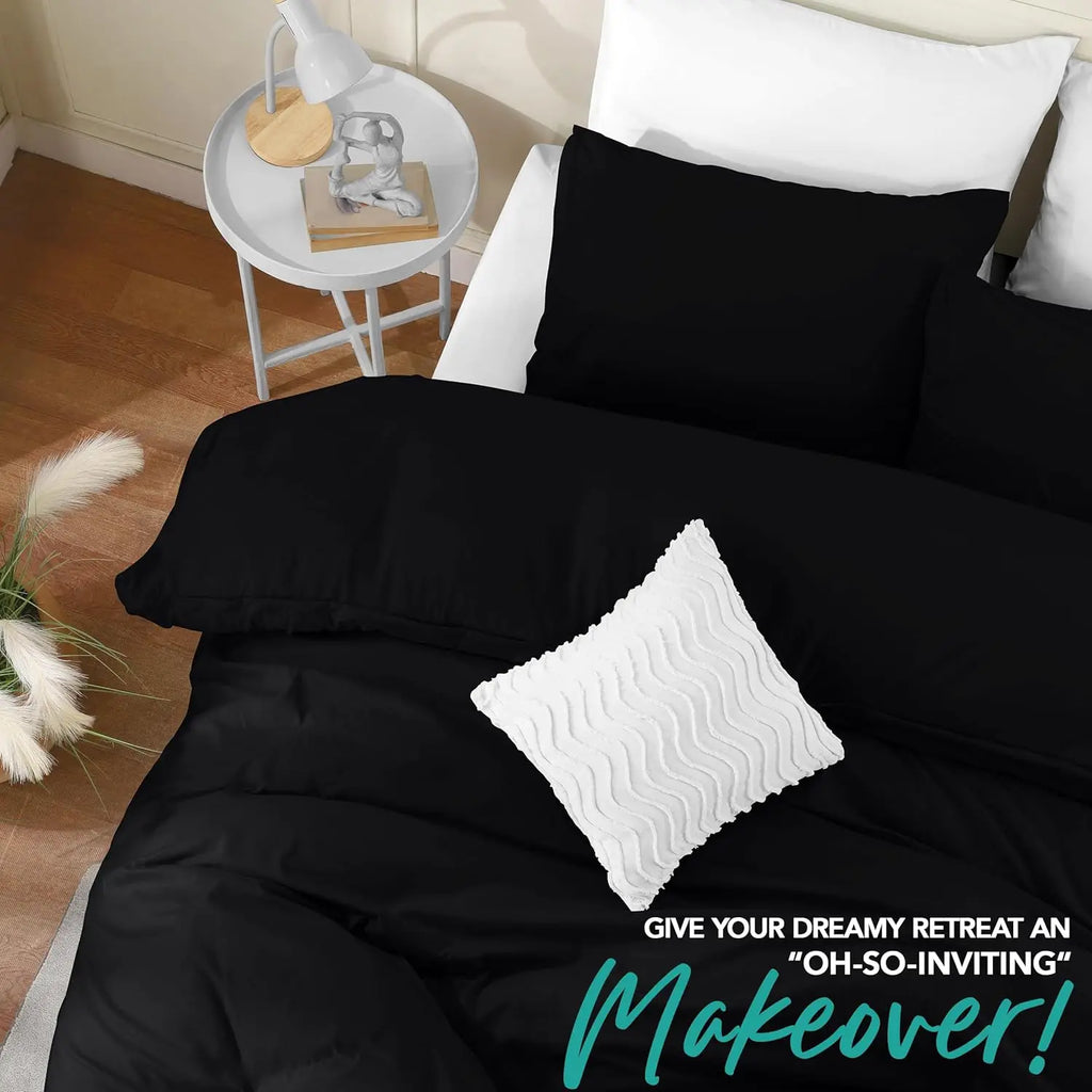 Queen Size Duvet Cover Set with Pillowcases - 3 Piece Soft Brushed Microfiber Bedding, Zipper Closure (Black)